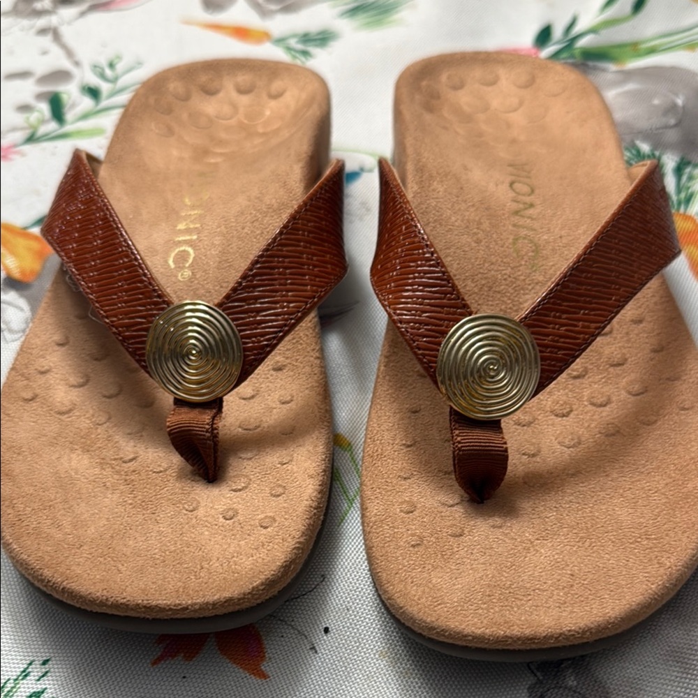 Vionic Brown Sandals with Textured Straps and Metallic Detail